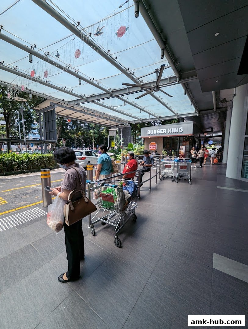 People queuing outside a Burger King restaurant with shopping carts.