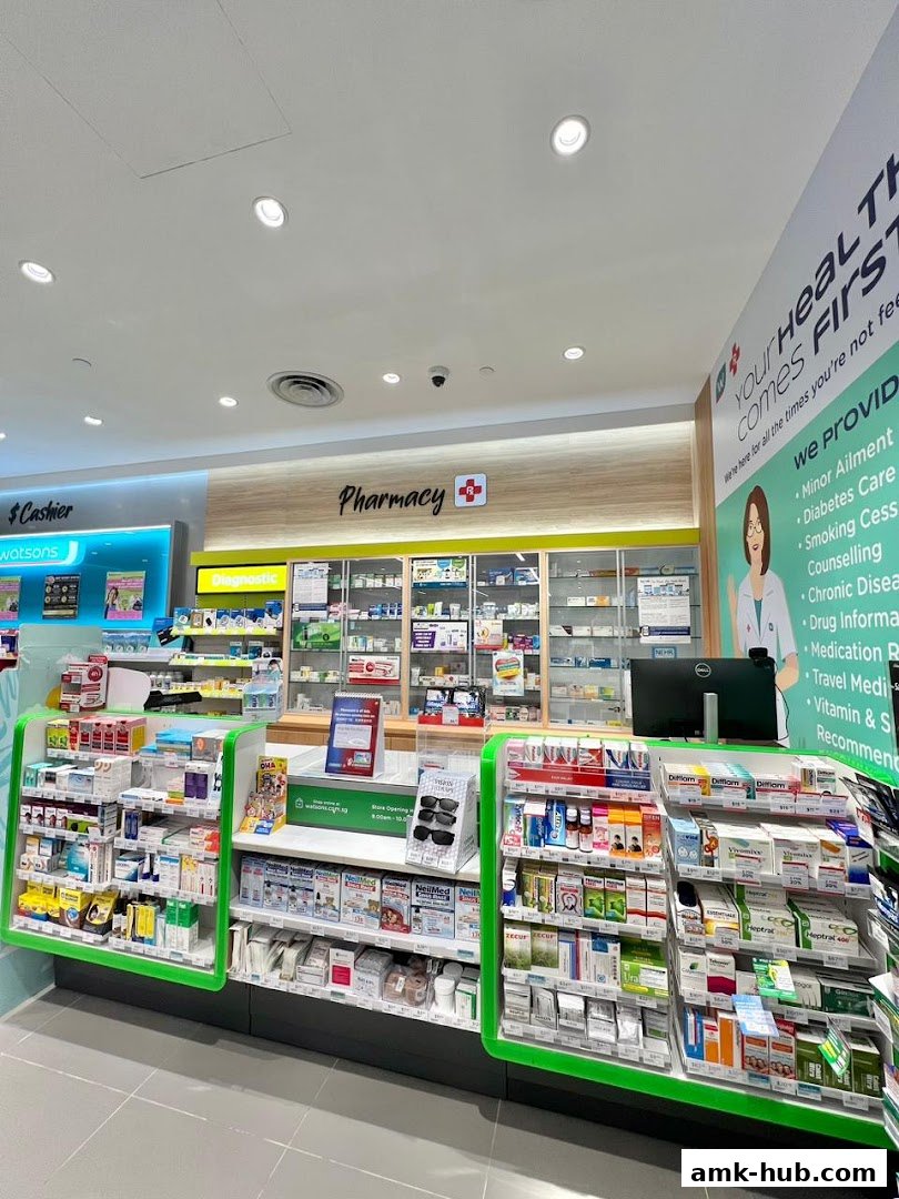 Interior view of a Watsons pharmacy with shelves stocked with health and wellness products.