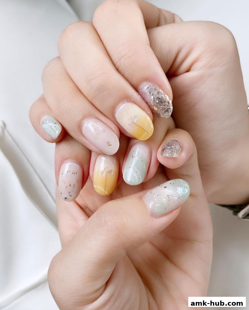 A close-up shot of hands with beautifully designed nails featuring pastel colors and glitter.