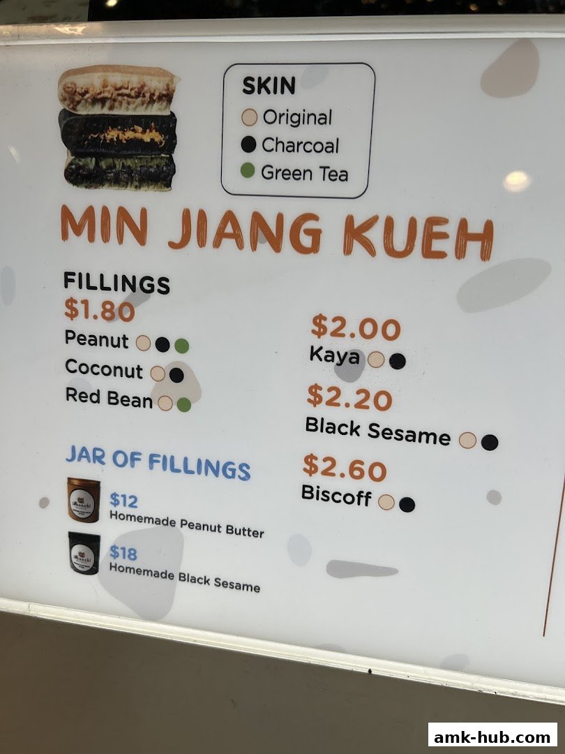 A menu board displaying Min Jiang Kueh with various skin and filling options.