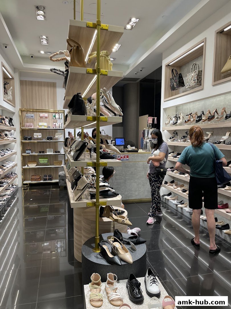 Interior view of a stylish shoe and handbag store with customers browsing.