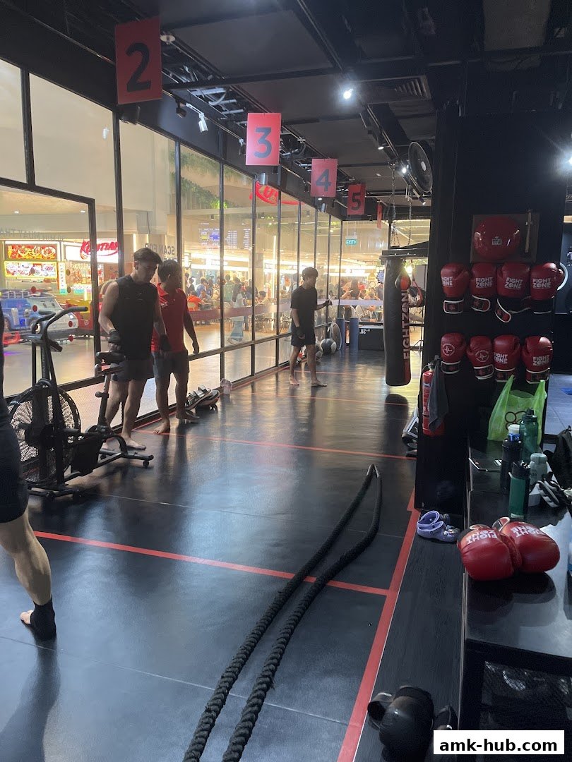 Interior of a boxing gym with training equipment and boxing gloves on display.