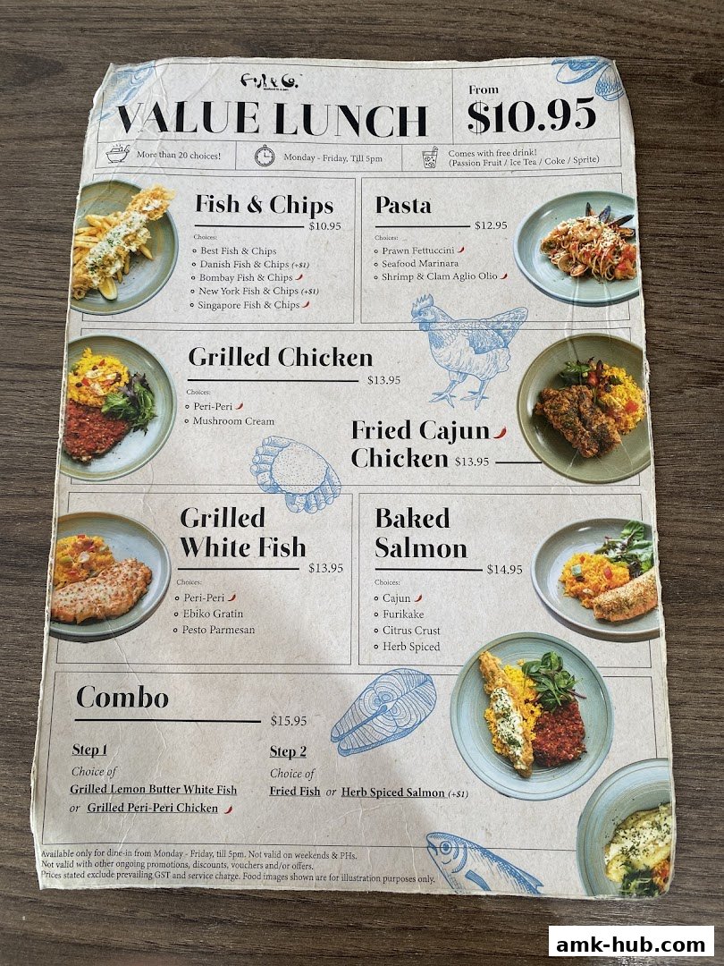 A menu from Fish Co. featuring value lunch options like fish and chips, pasta, grilled chicken, and salmon.