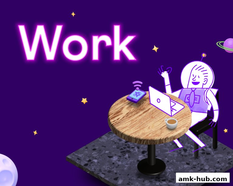 A stylized illustration of a robot working on a laptop with a cup of coffee.