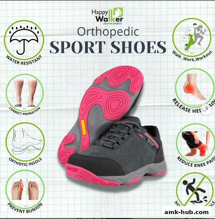 Advertisement for Happy Walker Orthopedic Sport Shoes highlighting features like water resistance and pain relief.