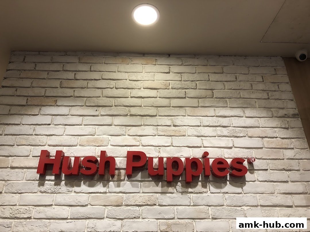 The Hush Puppies logo is displayed in red 3D letters on a white brick wall.