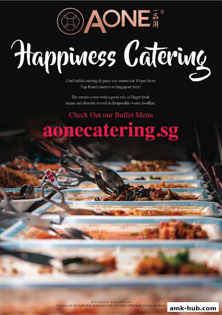 A display of buffet food with tongs, advertising catering services.