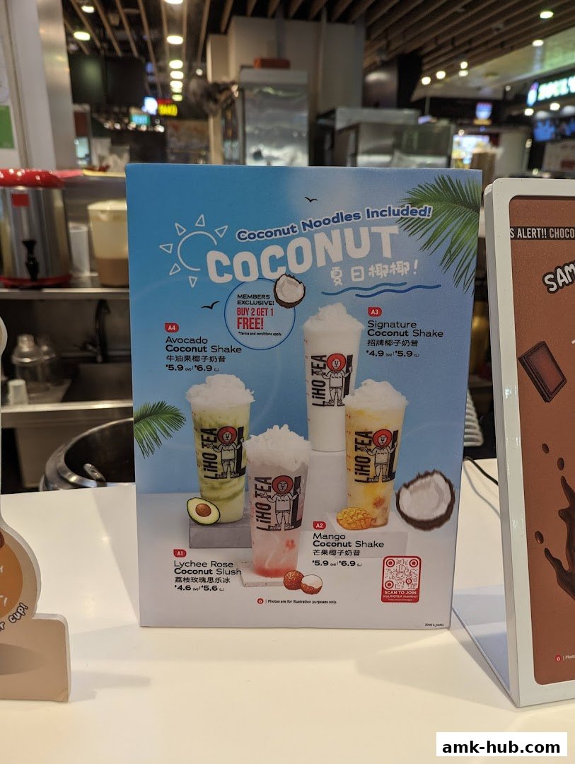 A menu board showcasing LiHO TEA's coconut-themed drinks with prices and promotions.
