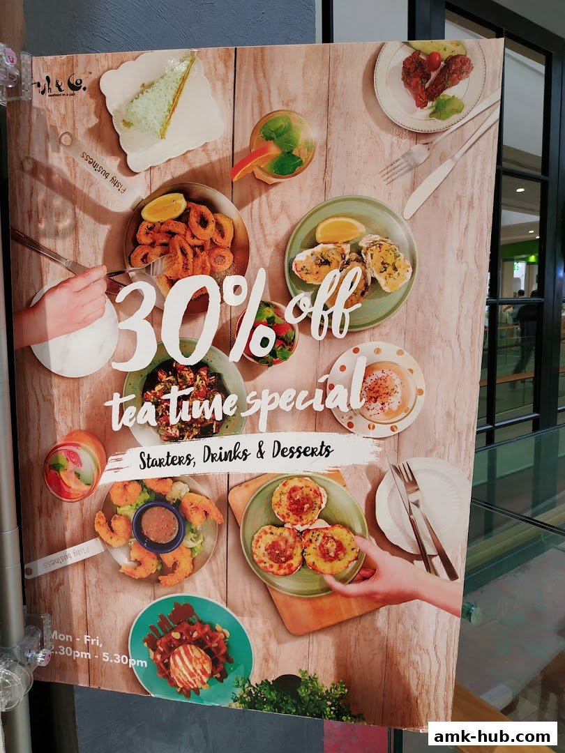 A poster advertising a 30% off tea time special with various food and drink items.