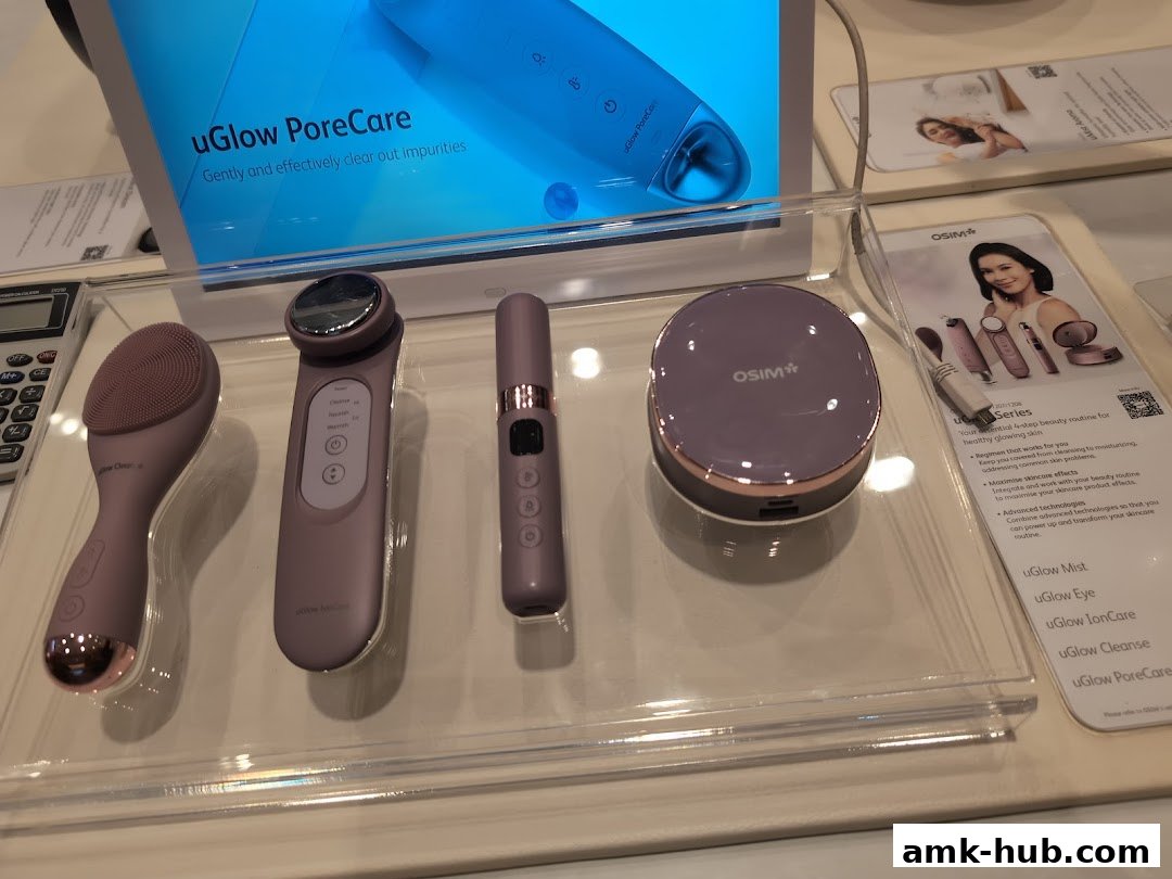 OSIM uGlow skincare devices displayed with product information and branding.