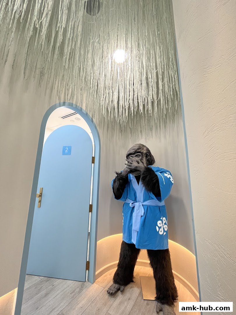 A person in a gorilla costume wearing a blue robe stands near a light blue door.