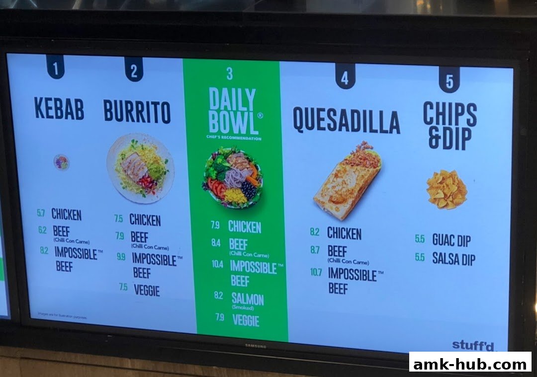 A digital menu board displaying various food options like kebabs, burritos, bowls, quesadillas, and chips with dips.