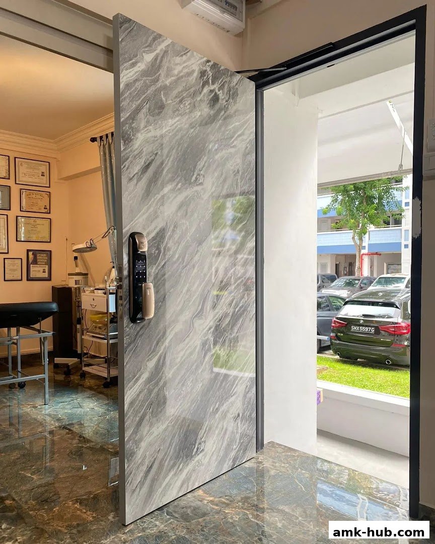 A stylish marble-patterned door with a digital lock, opening to a bright exterior.