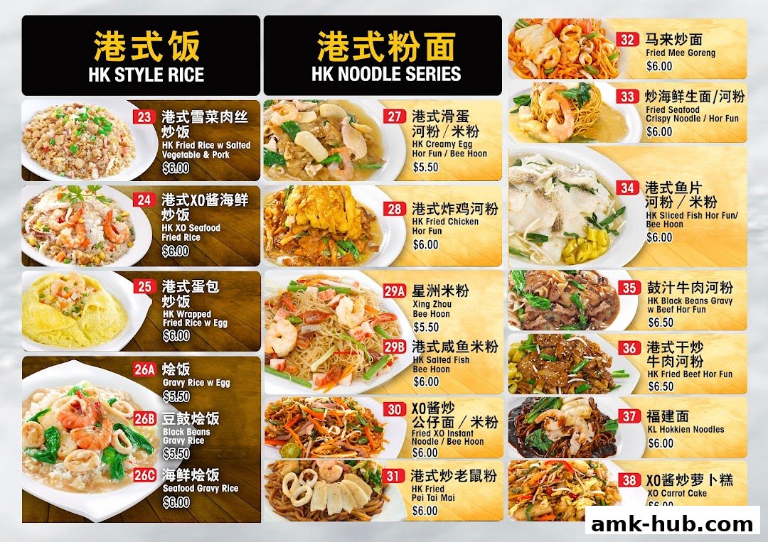 A menu board displaying various Hong Kong style rice and noodle dishes with prices.