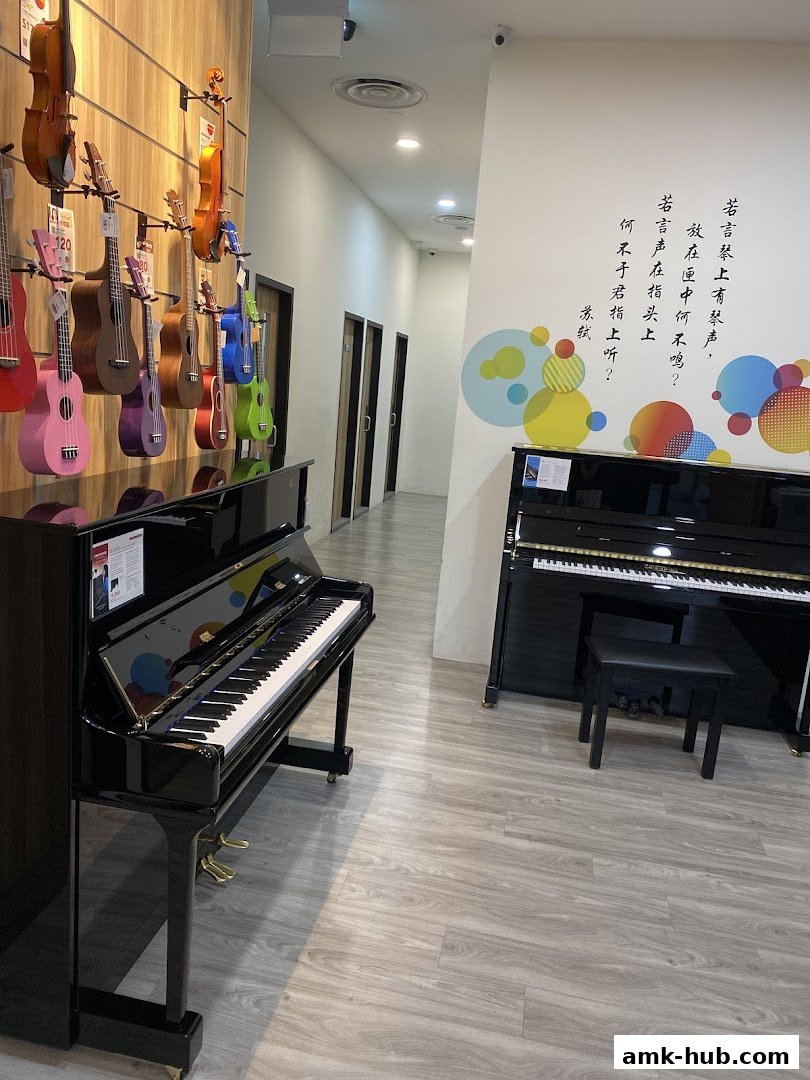 Interior of a music school with pianos and ukuleles on display.