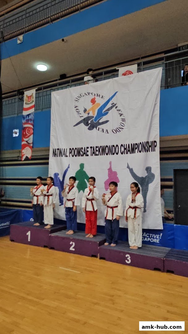 Children on a podium receiving medals at a Taekwondo championship.
