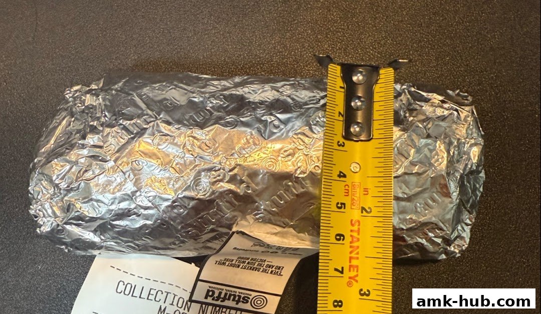 A foil-wrapped item is measured with a yellow tape measure, with a receipt visible.