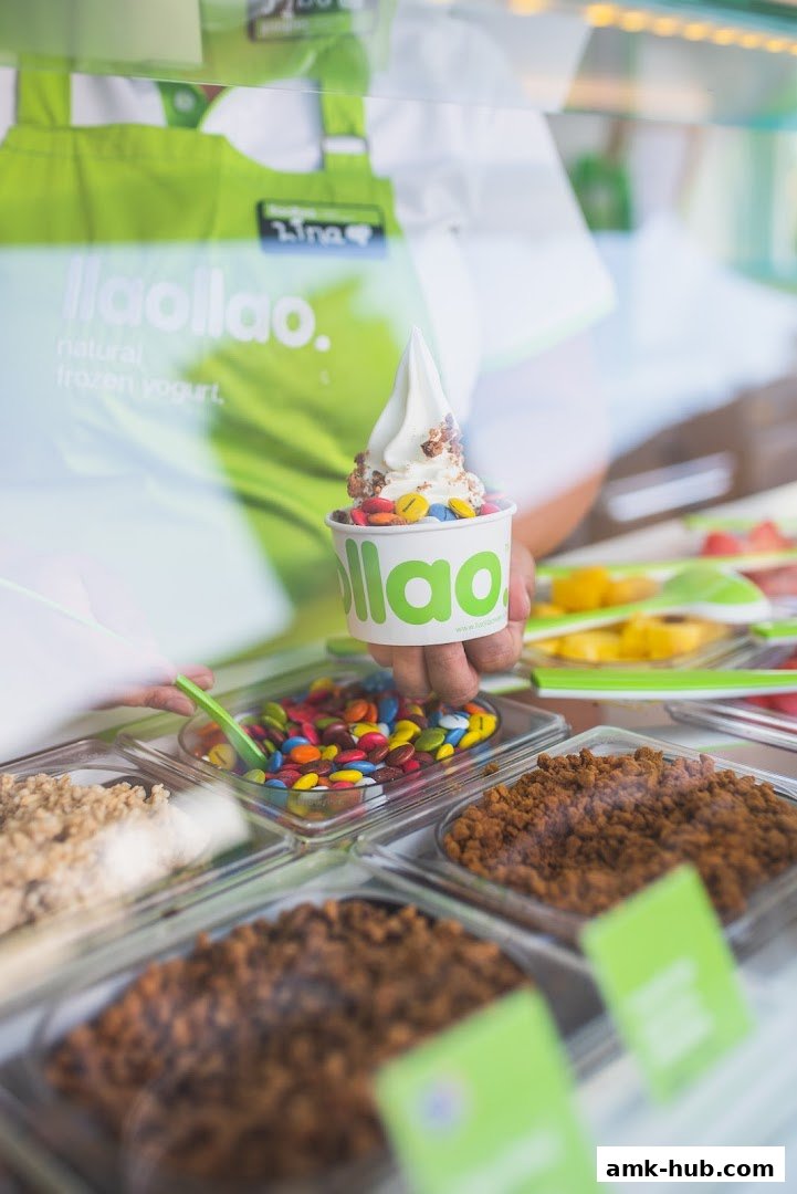 A hand holding a cup of llaollao frozen yogurt with colorful toppings.