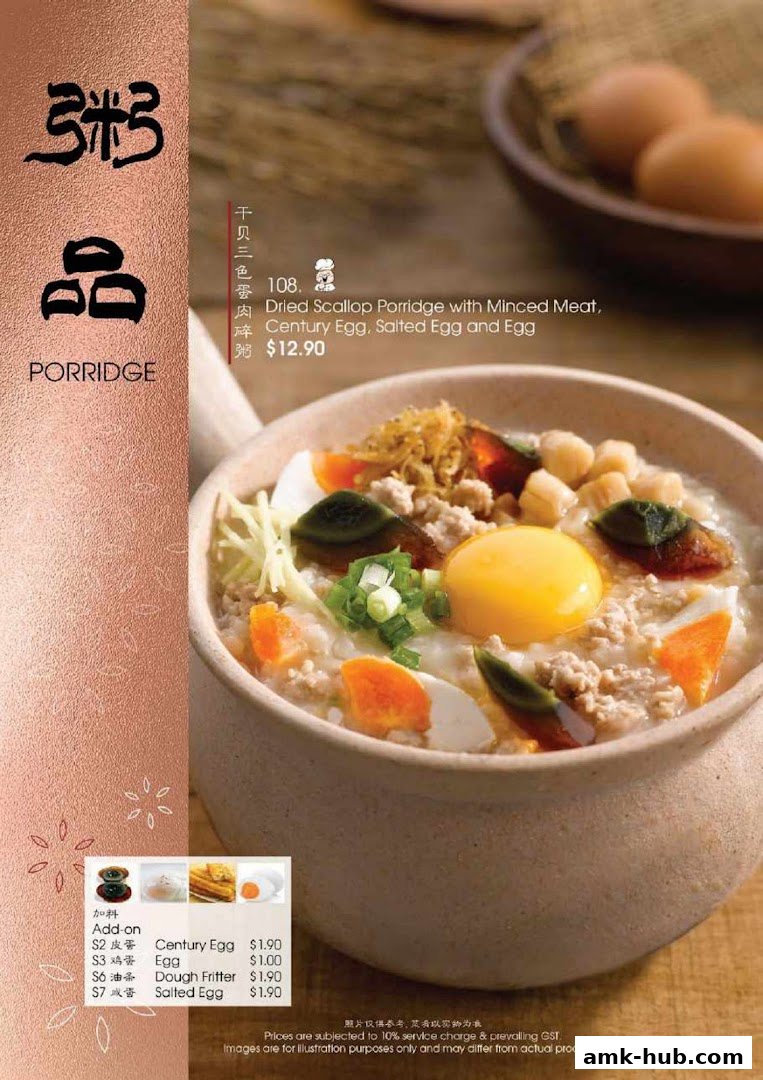 A menu showcasing a bowl of porridge with various toppings and add-on options.