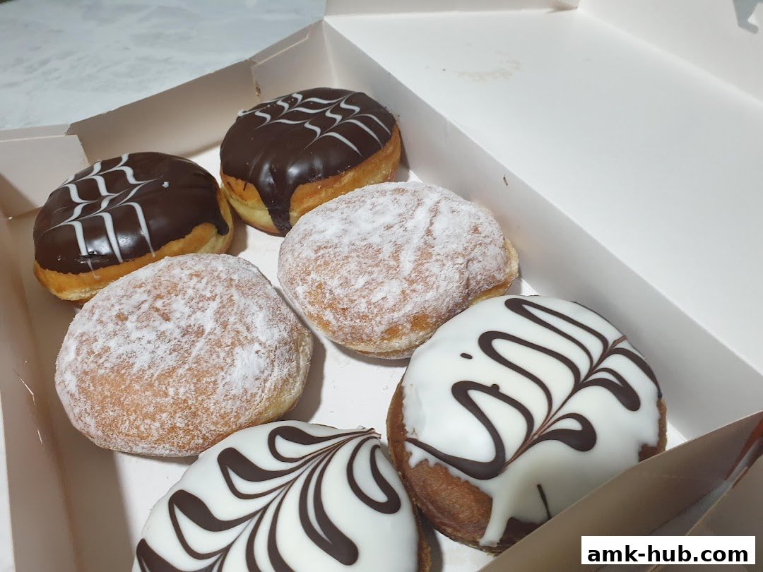 A box of assorted donuts, some with chocolate icing and others dusted with powdered sugar.