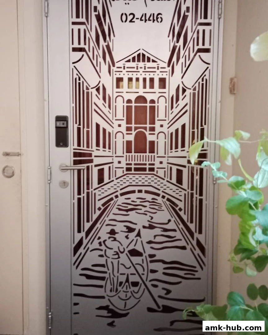 A decorative metal gate with a Venice canal scene and a digital lock.