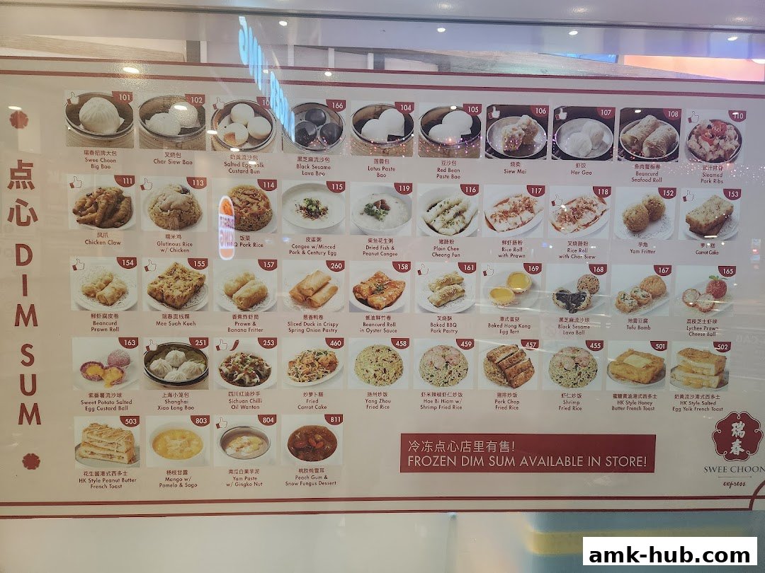 A colorful menu board displaying various dim sum dishes with their names and images.