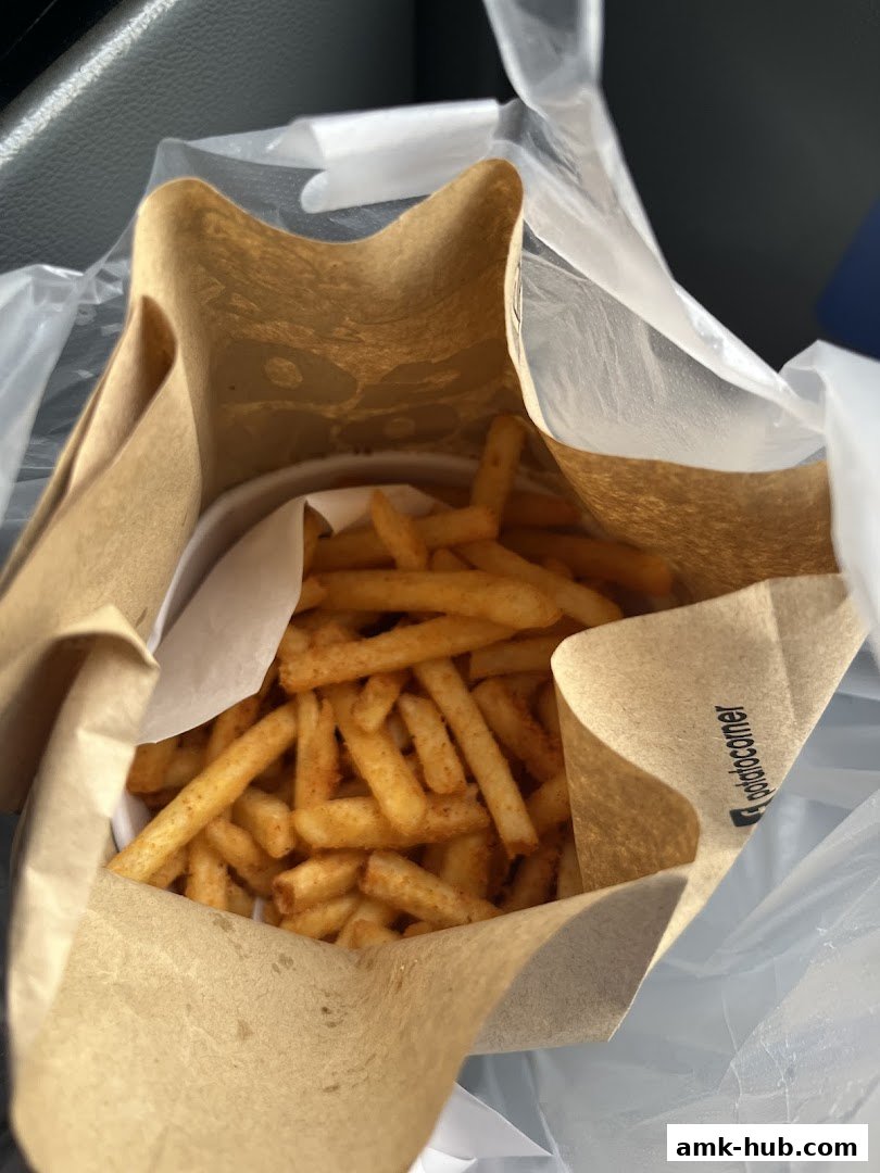 A close-up view of a bag filled with seasoned french fries from Potato Corner.