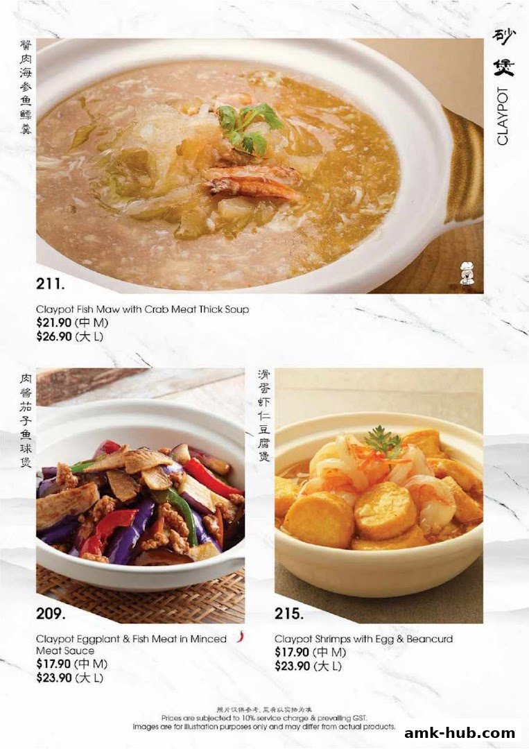 A menu page showcasing three claypot dishes with prices and descriptions.