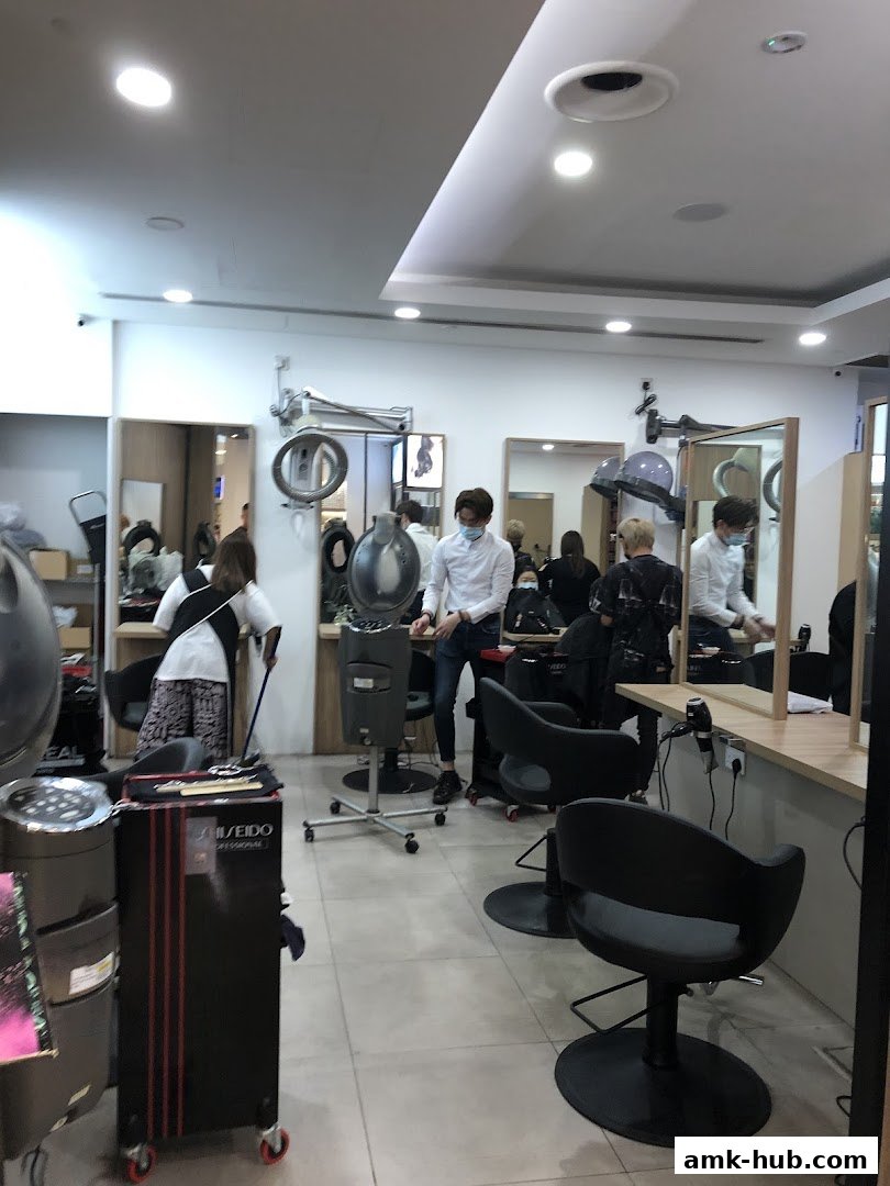 Interior view of a hair salon with stylists and clients, featuring styling chairs and equipment.