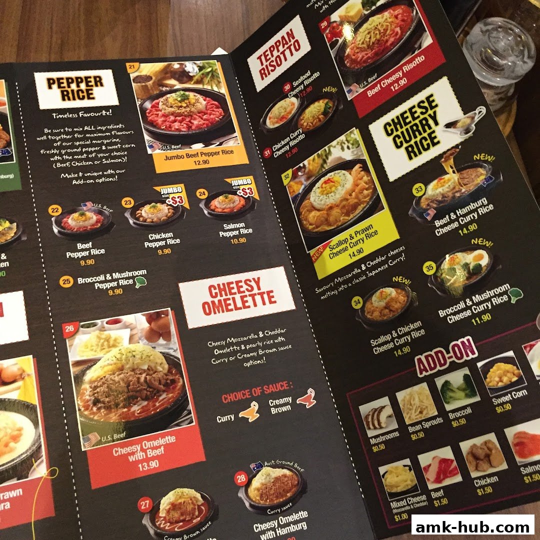 A menu from Pepper Lunch showcasing various rice and risotto dishes with prices.