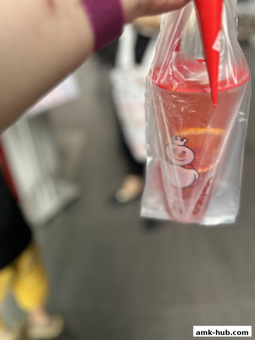 A person holds a plastic bag containing a red beverage with ice and fruit slices.