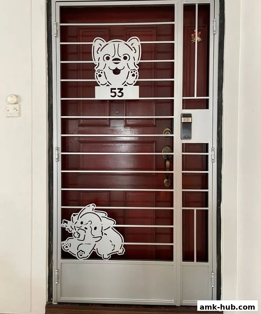 A metal gate with cute dog and elephant stickers in front of a wooden door.