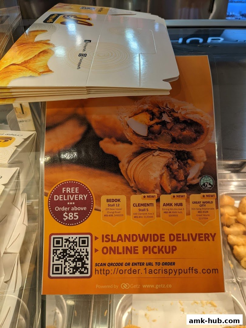 A flyer advertising free delivery and online pickup for crispy puffs with store locations.