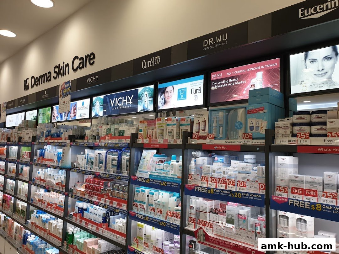 A wide selection of skincare products from various brands displayed on shelves in a well-lit retail store.