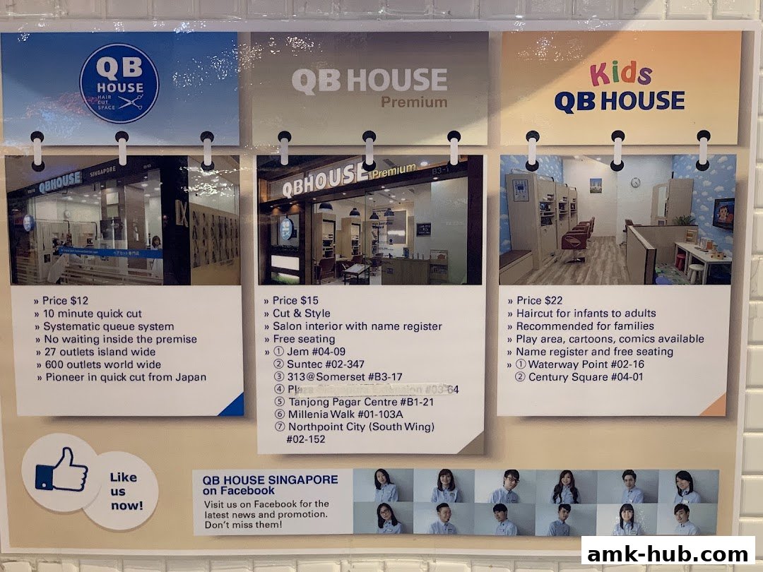 A display board showcasing services and prices for QB House hair salons, including a kids' section.
