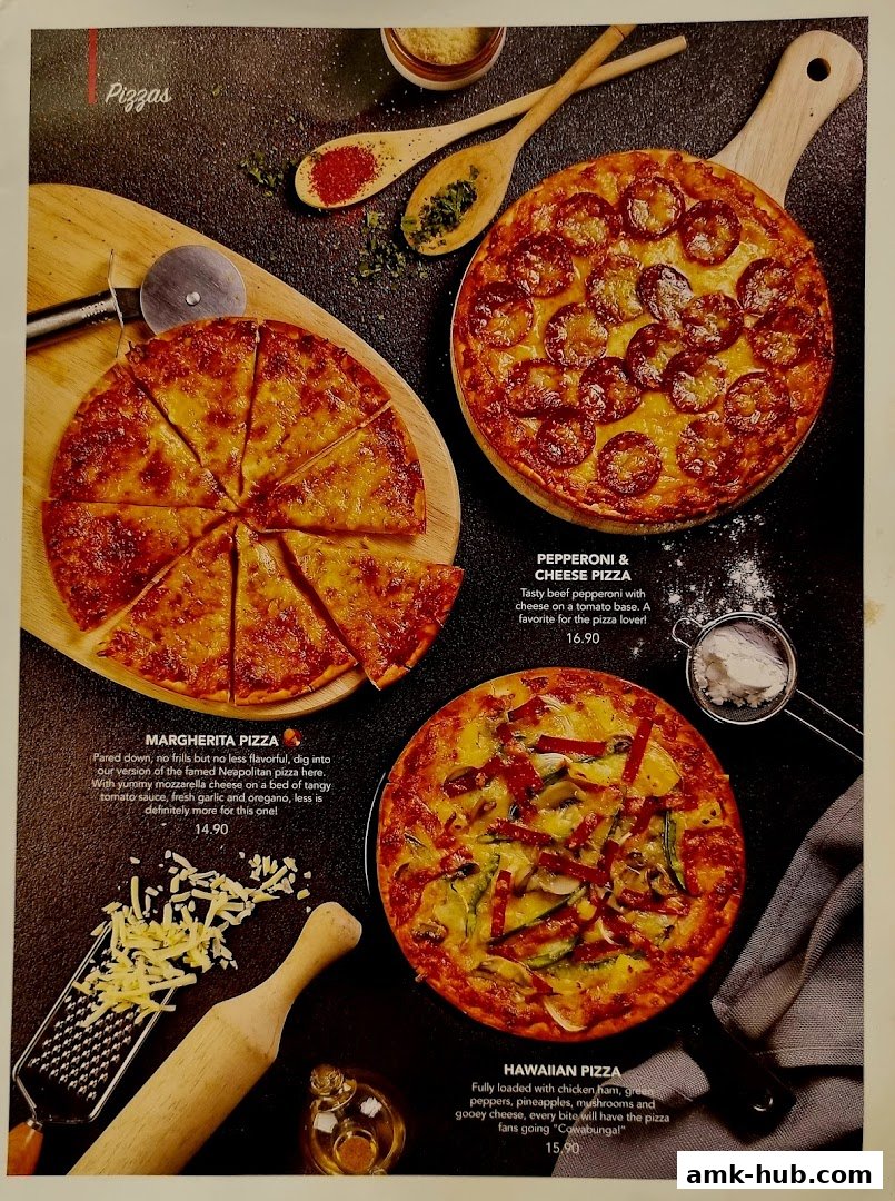 A menu featuring three pizzas: Margherita, Pepperoni & Cheese, and Hawaiian.