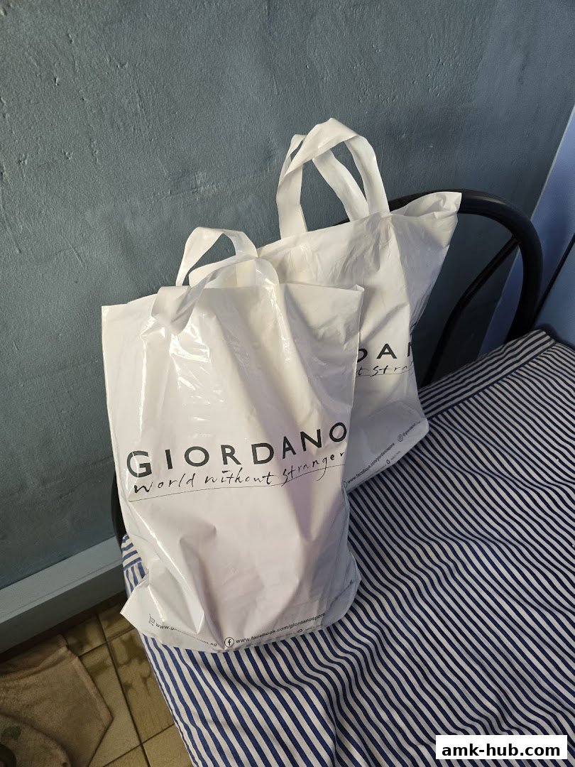 Two white Giordano shopping bags with handles are placed on a striped surface.