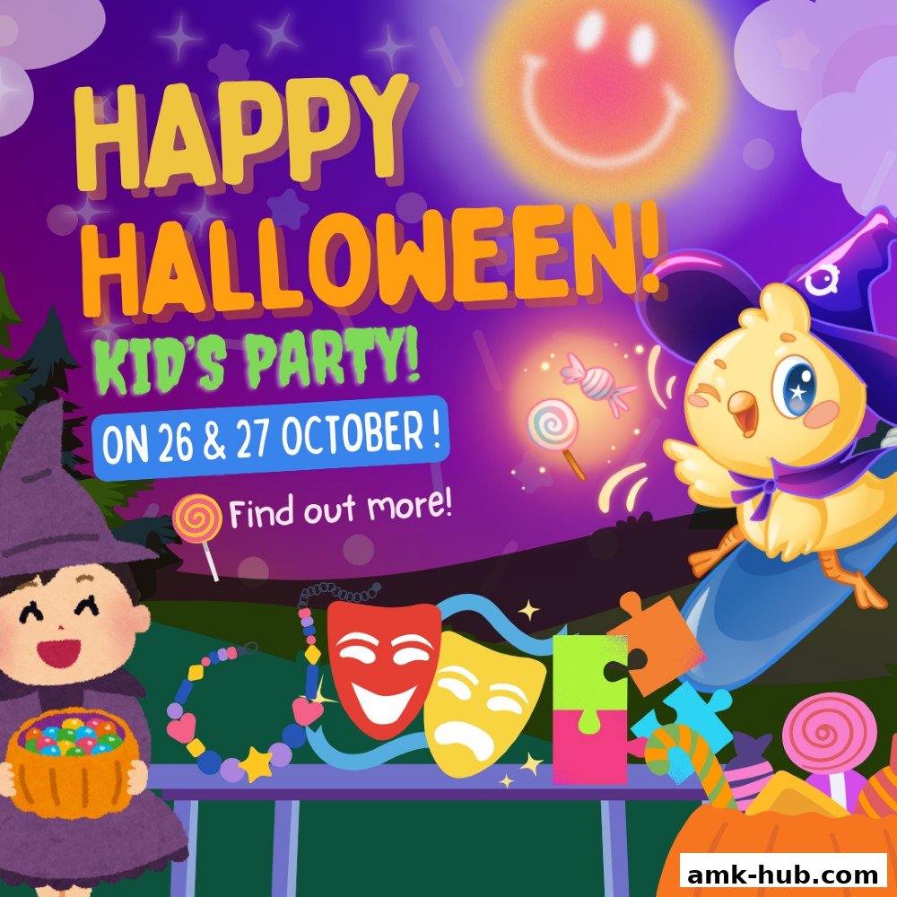 A festive Halloween Kid's Party advertisement with cartoon characters and Halloween themes.