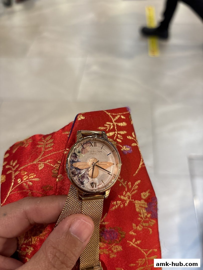 A hand holds a gold mesh watch with a bee design on the face, against a red patterned cloth.