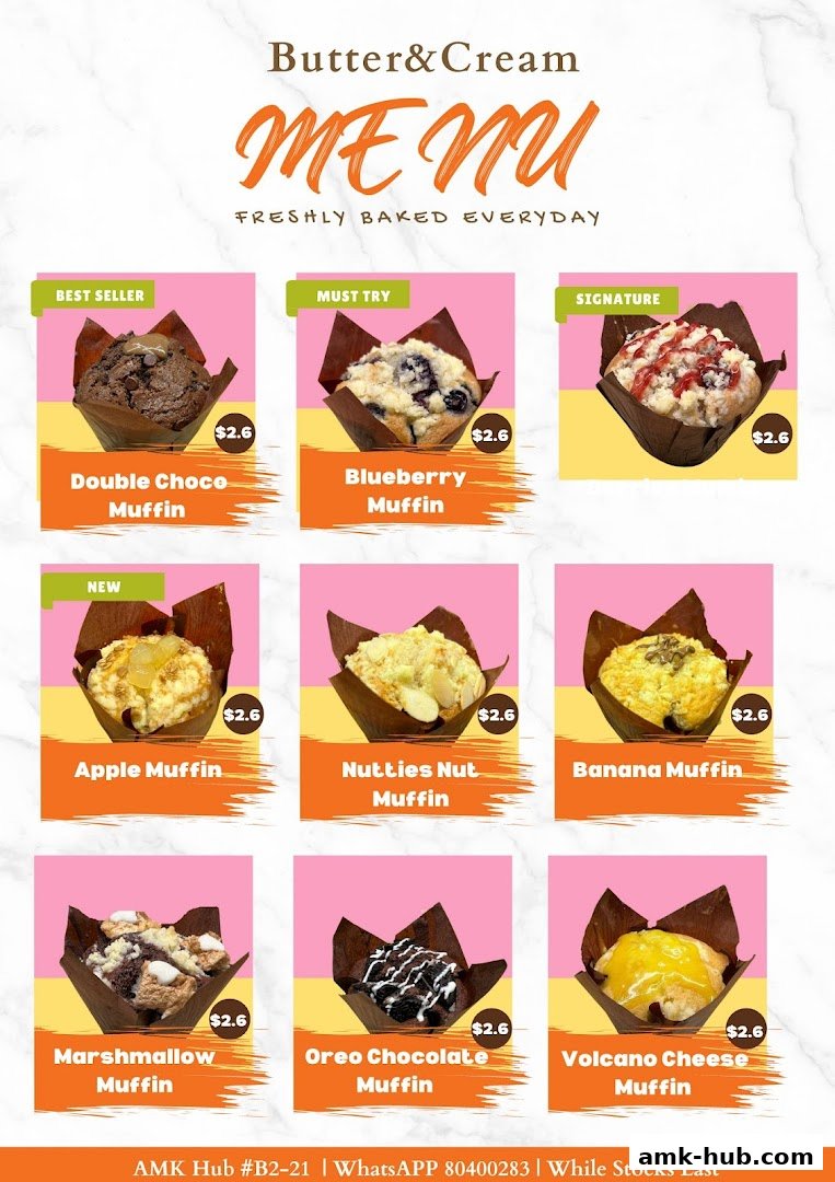 A menu showcasing various freshly baked muffins from Butter & Cream Bakery.
