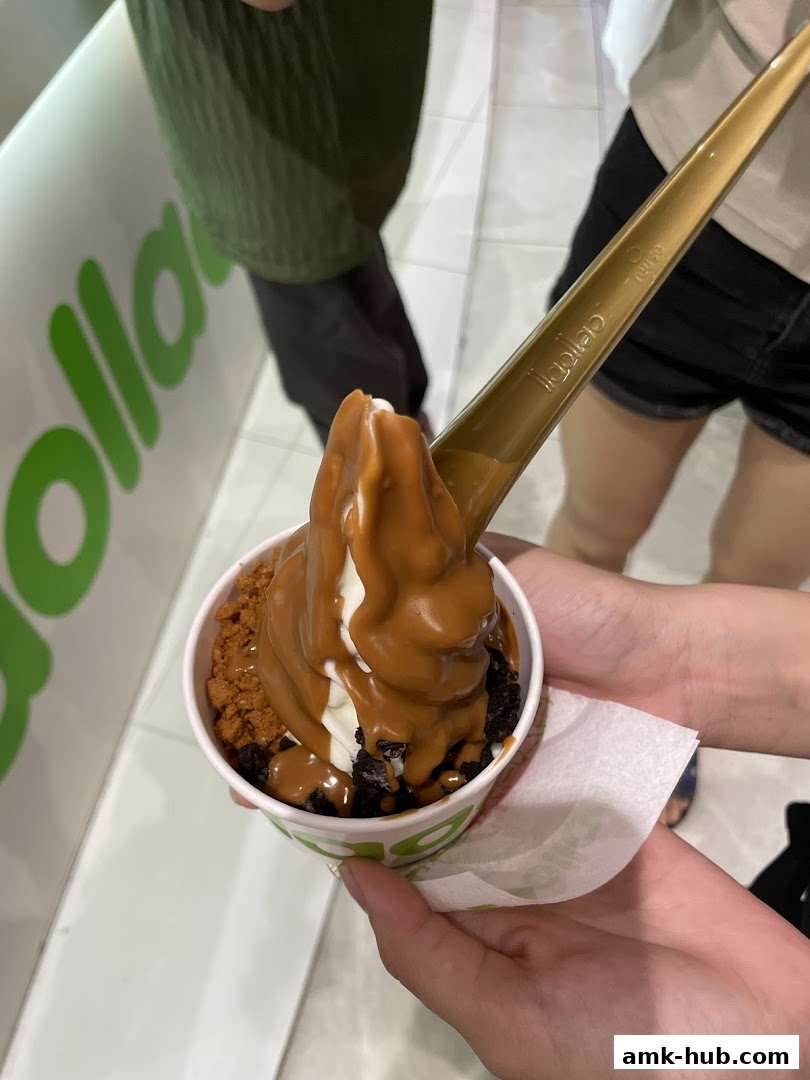 A person holds a cup of llaollao frozen yogurt with caramel sauce and cookie crumbles.