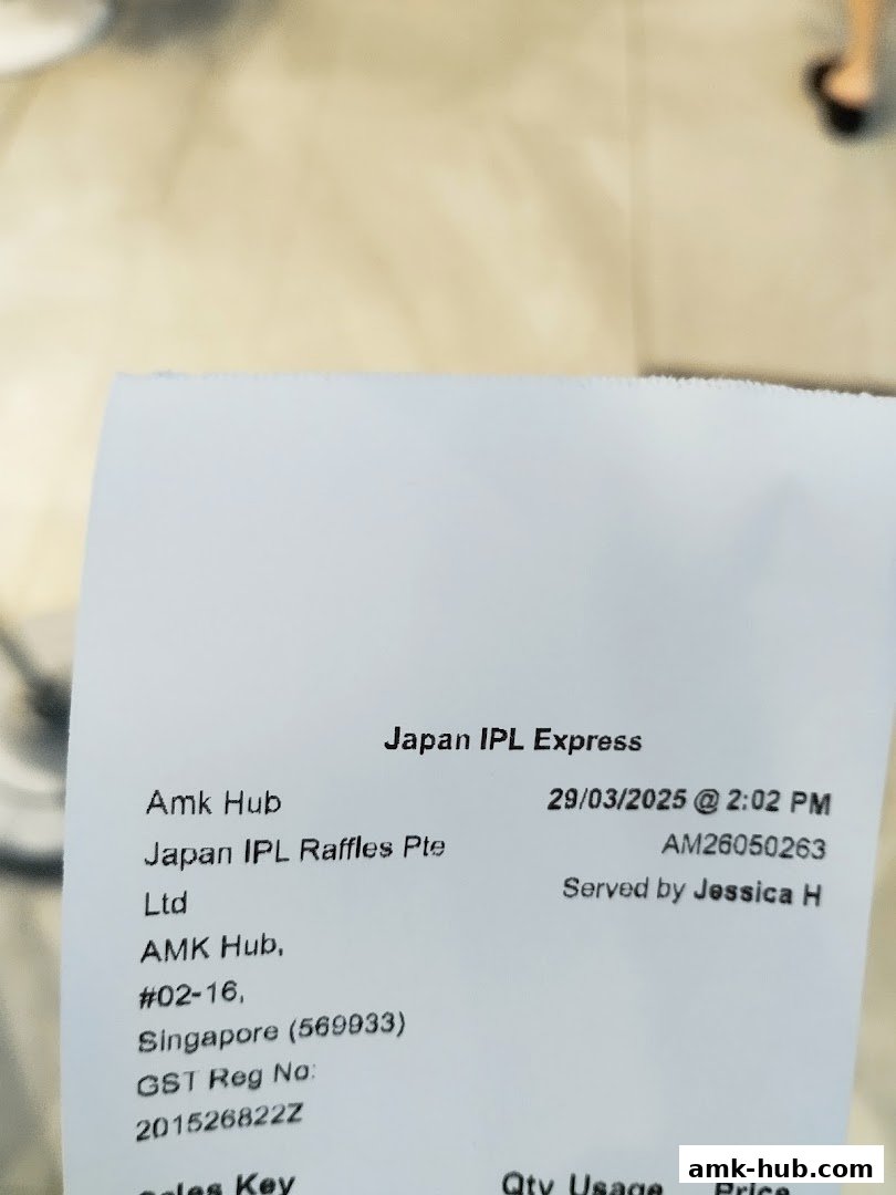 A receipt from Japan IPL Express at AMK Hub, detailing a transaction.