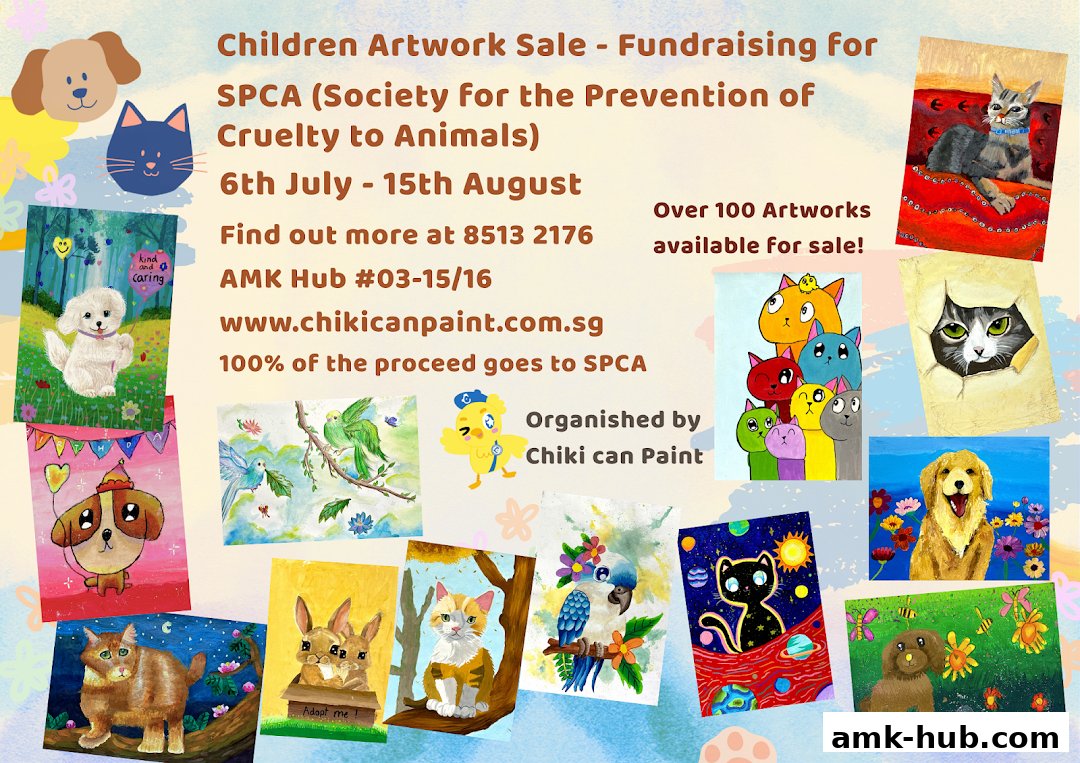 An artwork sale poster featuring children's paintings of animals and the event details.