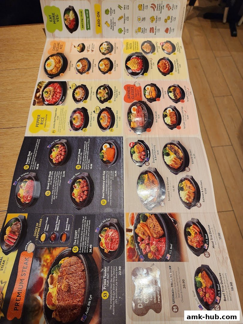 A menu from Pepper Lunch showcasing various rice, steak, and pasta dishes with prices.