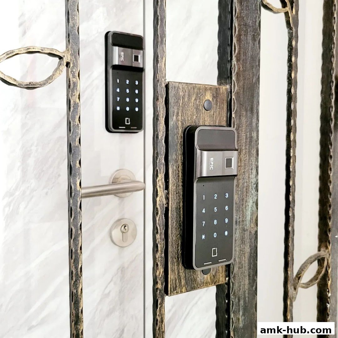 Close-up of two digital door locks with keypads and fingerprint scanners.