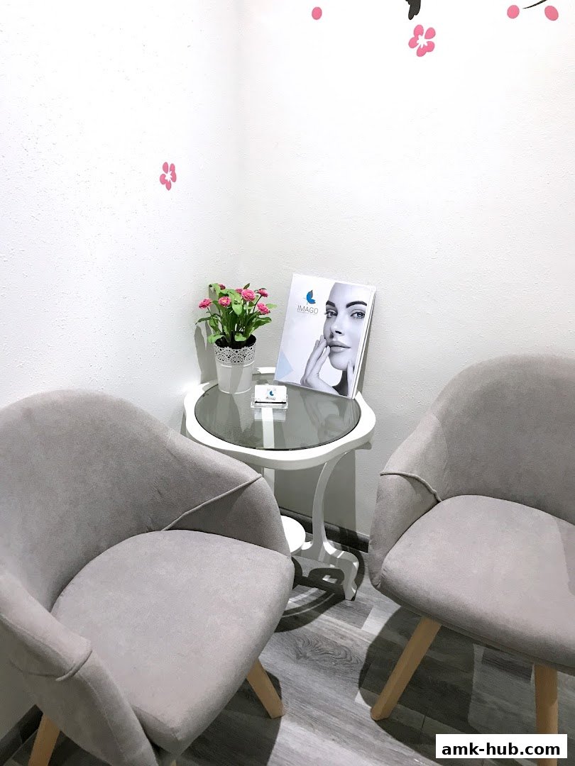 A waiting area with two chairs, a small table, and a brochure for Imago Aesthetics Clinic.