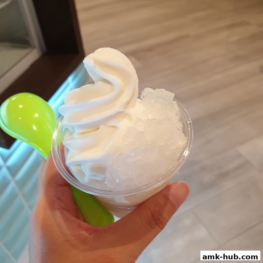 A hand holds a clear cup filled with soft-serve ice cream and crushed ice.