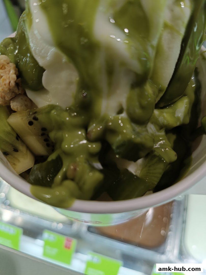 A close-up of a frozen yogurt dessert topped with kiwi and green sauce.