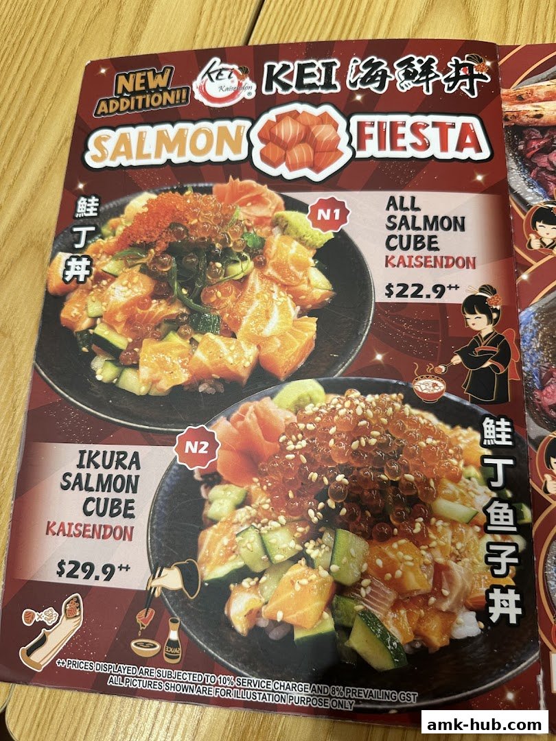 A menu featuring two salmon kaisendon dishes with prices and descriptions.