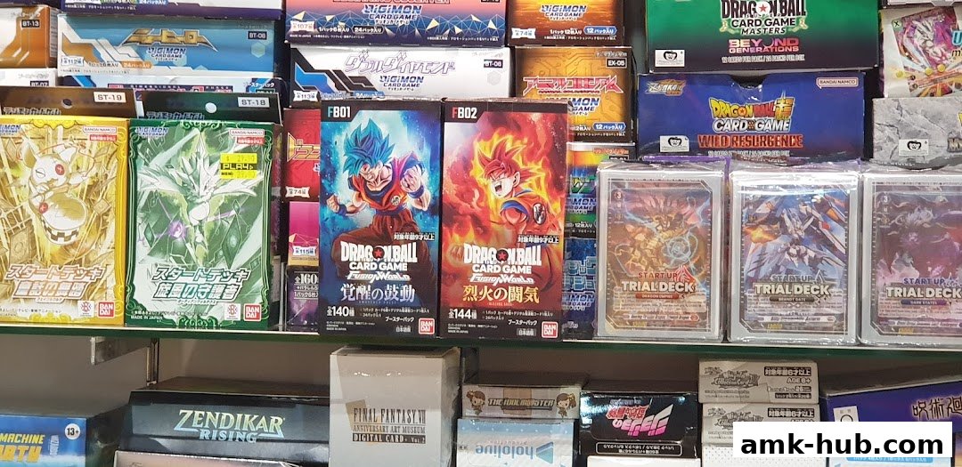 A retail display showcasing various trading card game booster packs and starter decks.